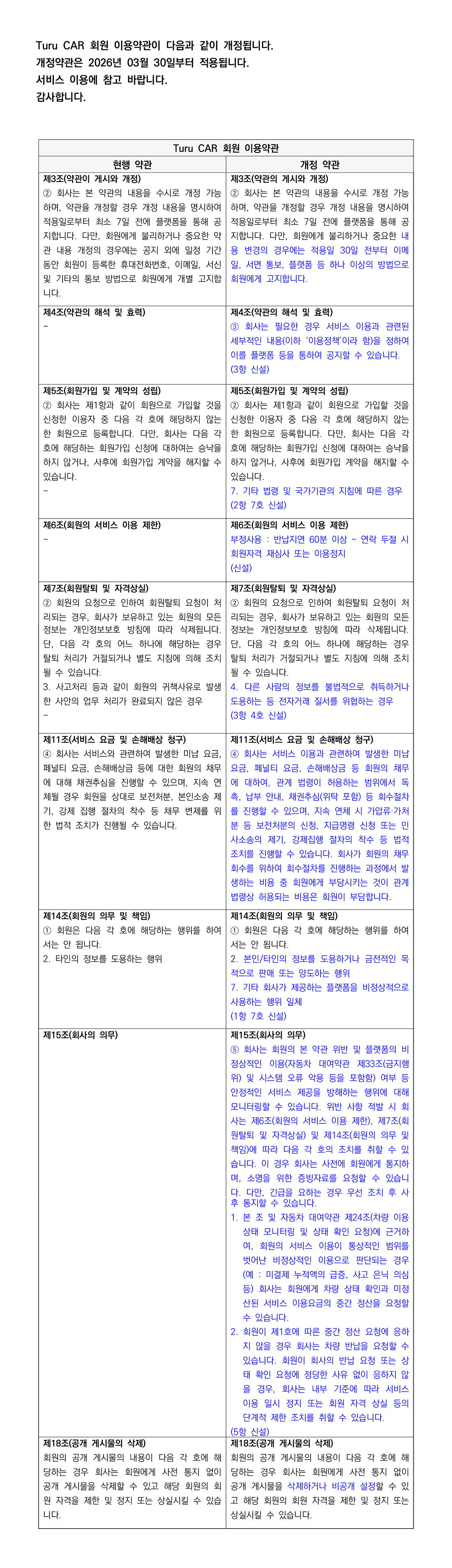 Turu CAR 회원 이용약관 개정 안내